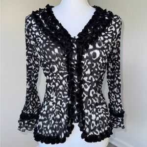 Vintage Y2K Choices Ruffle Blouse‎ M Black White Pleated Animal Print Button Up